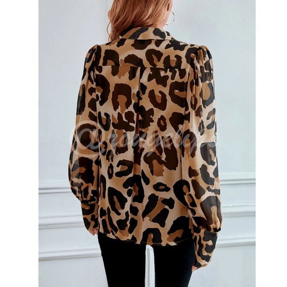 Brown Tan Sheer Button Down Cheetah Leopard Print Blouse Shirt Collared Animal - Picture 5 of 7